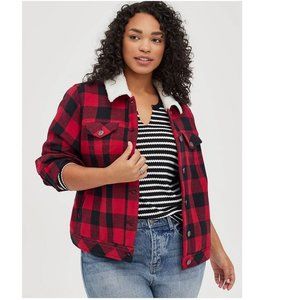 Torrid Size 2X 18-20 Sherpa Trucker Coat - Buffalo Plaid Red